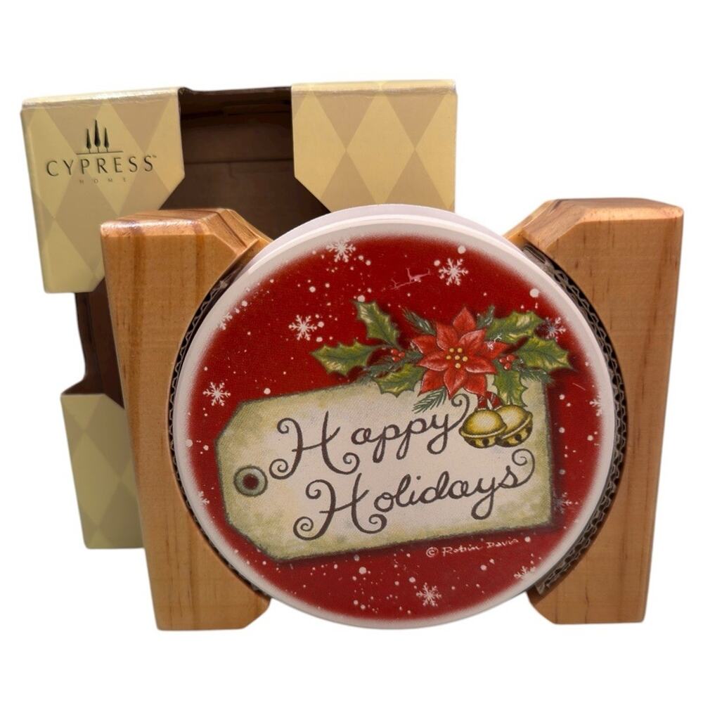 Cypress Home Absorbent Stone Coaster Set Of 4 W/ Wood Caddy “Happy Holidays”